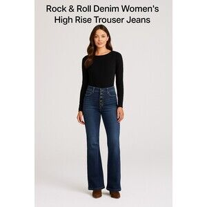 Rock & Roll  Jeans Women W31L34 Blue Denim Western Flared Trouser High Rise
